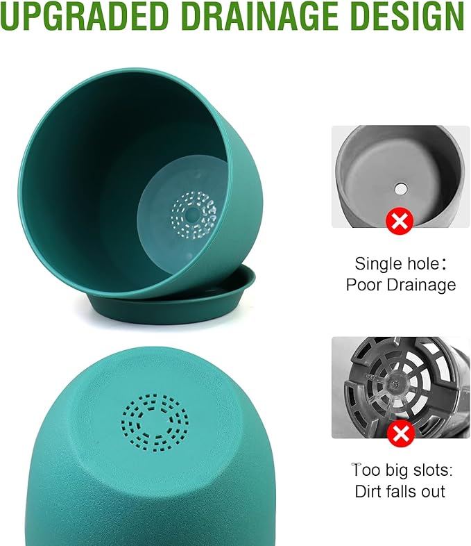 9/8/7.5 inch Flower Pots, 3 Pack Modern Plastic Planters with Drainage Holes and Trays for House Plants, Plant Pots for Indoor Outdoor Plants, Blue Green-CasaMuseHome