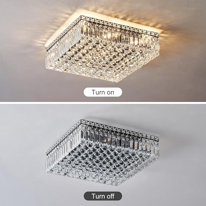 12-Lights Black Crystal Flush Mount Ceiling Light Fixtures,Elegant Crystal Chandelier Pendant Ceiling Lamp for Bedroom,Living Room,Dining Room,Hallway H5.9 x W20 x L20 (Bulb Not Included)Square-CasaMuseHome