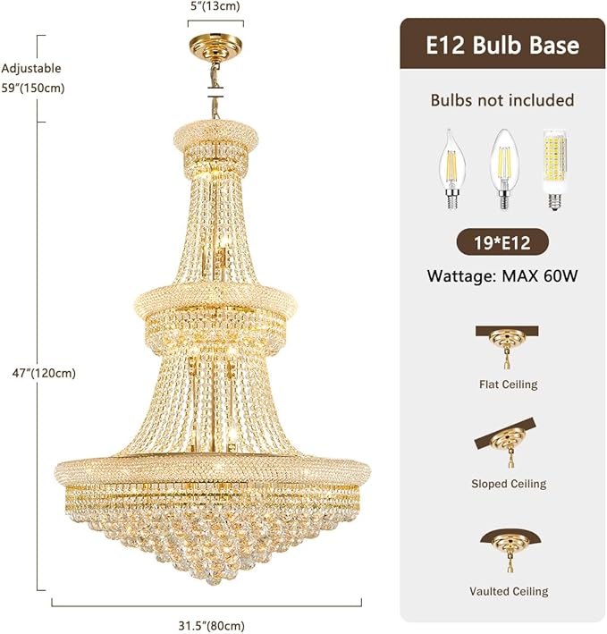 19-Lights High Ceiling Chandelier Modern Gold Crystal Chandeliers Large Foyer Chandelier Fixtures for Staircase Living Room Hallway Entryway (H47 x W31.5)-CasaMuseHome