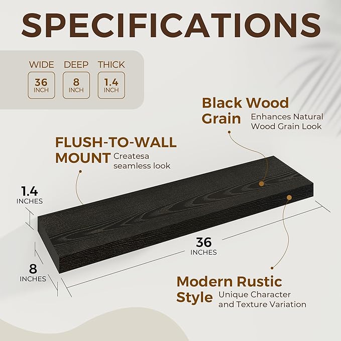 36 inch Floating Shelves Wall Shelves for Office with Invisible Brackets, 8 inch Deep Shelves for Bathroom, Living Room, Kitchen, Office, 36x7.9 inch deep Set of 2, Black-CasaMuseHome
