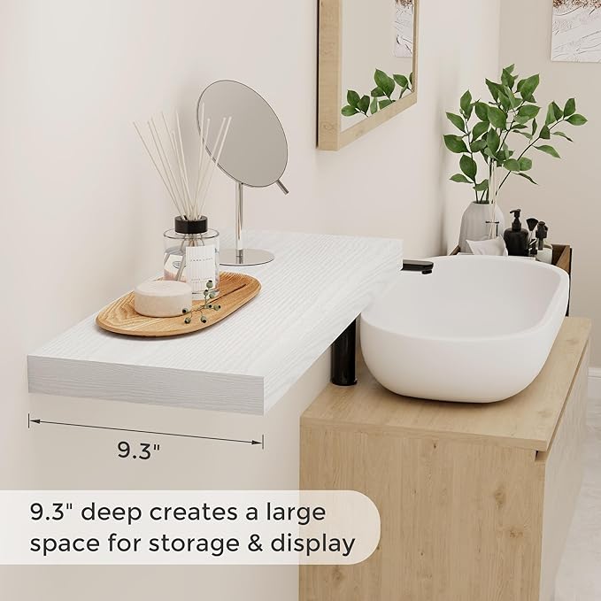 24 Inch Floating Shelves, Rustic 24 x 9 White Floating Shelf for Wall, White Bathroom Shelves Set of 2, Farmhouse Wood Wall Shelf for Bedroom, Kitchen, 9 Inch Deep Shelves for Home Storage-CasaMuseHome