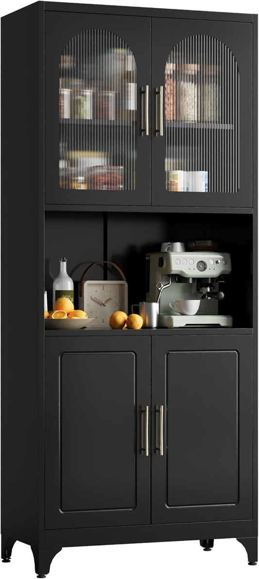 75" Tall Kitchen Pantry Cabinet, Metal Storage Cabinets with Acrylic Doors and Adjustable Shelves, Hutch Cabinet with Storage, Black Microwave Stand Cabinets for Dining Living Room-CasaMuseHome