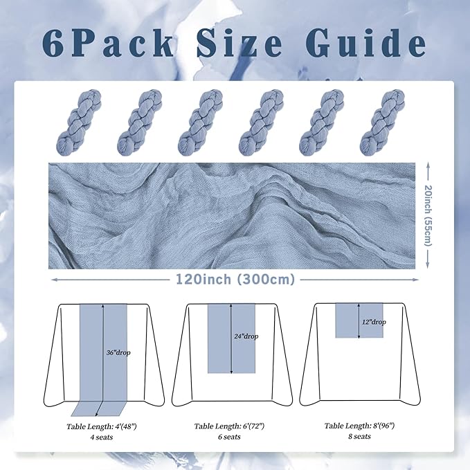 6 Pack Dusty Blue 10FT Cheesecloth Table Runner Rustic Gauze Fabric Cheese Cloth Table Runner for Wedding Bridal Baby Shower Table Decor 20 x 120 Inch Long Boho Sheer Birthday Party Table Decorations-CasaMuseHome
