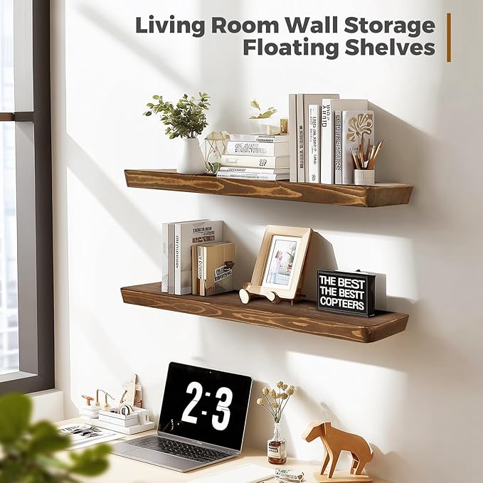 36"x6.8"x1.6" Slanted Floating Wall Shelves 2-Pack - Rustic Brown Finish, Heavy-Duty Solid Wood Design with Hidden Brackets - Perfect for Living Room, Kitchen, Bathroom, or Office-CasaMuseHome