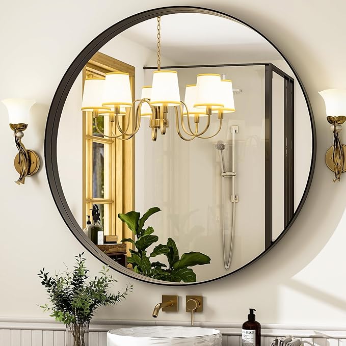 24 Inch Round Bathroom Mirror - Wall Mounted Circle Mirror with Metal Frame, Modern Mirror Suitable for Bathroom, Vanity, Entryway, Living Room, Wall Decor,Black-CasaMuseHome