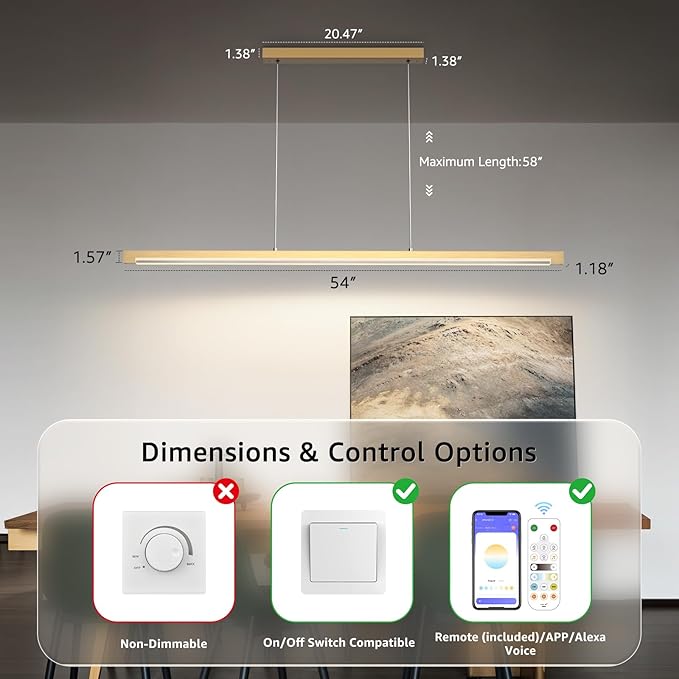 40W Gold Linear Pendant Light Aluminum, 54" Dimmable Kitchen Island Lighting with Remote & App Control, Adjustable CCT (3000K-6000K), Dining Room Chandelier for Home Office Study-CasaMuseHome
