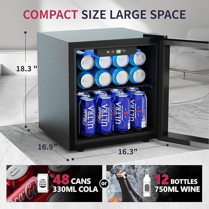 48 Can Beverage Refrigerator Cooler, Mini Fridge Glass Door with Adjustable Shelves, Freestanding Beverage Fridge with Blue LED for Home/Office/Dorm/Bar, 1.3 Cu.ft-CasaMuseHome