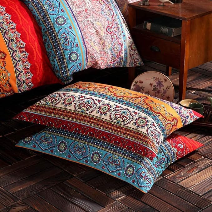 ABREEZE 3Pcs Bohemia Retro Bedding Ethnic Vintage Floral Duvet Cover Boho Bedding 100% Brushed Cotton Bedding Sets Damask Paisley Coloful Mandala Down Comforter Cover,King-CasaMuseHome
