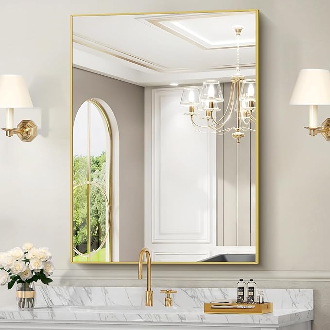 30x40In Gold Bathroom Mirror for Wall, Brushed Gold Rectangle Mirrors with Metal Frame, Bathroom Rectangular Mirror Modern Wall Mirror for Bedroom Living Room, Hangs Horizontal or Vertical-CasaMuseHome