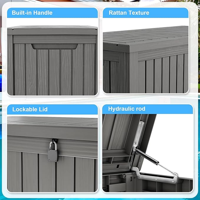200 Gallon Lockable Resin Deck Box, Waterproof & UV-Resistant Outdoor Storage Box for Outdoor Cushion Storage, Garden Tools & Pool Accessories Storage, Gray-CasaMuseHome
