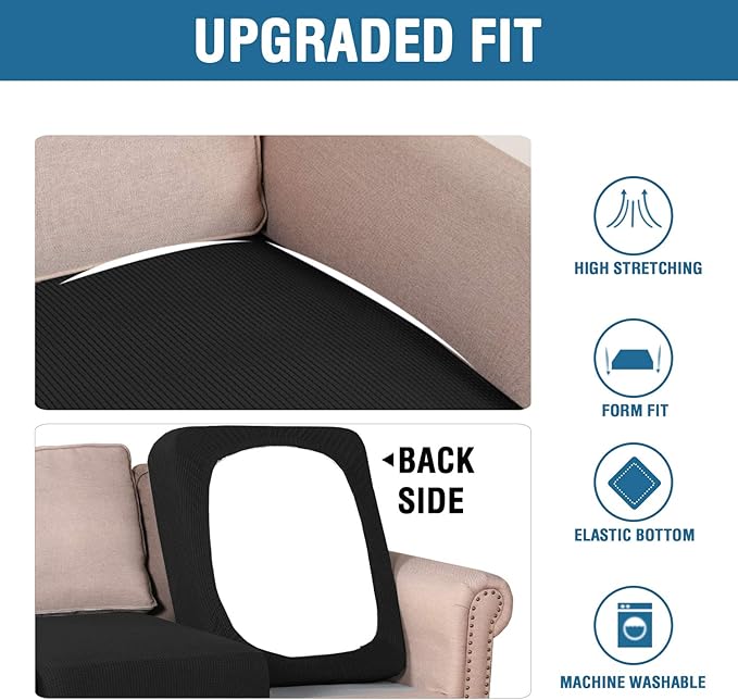 H.VERSAILTEX Super Stretch Individual Seat Cushion Covers Sofa Covers Couch Cushion Covers Slipcover Sets Thick Jacquard Textured Twill Fabric (2 Piece Medium Sofa Cushion Covers, Black)-CasaMuseHome