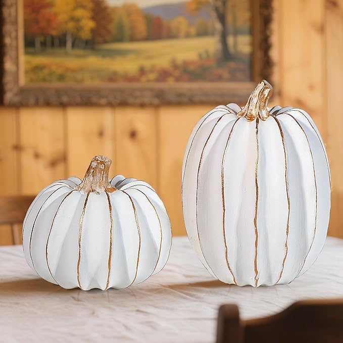 2Pcs Halloween Pumpkin Artificial Resin Pumpkins Decor for Mantel Harvest Autumn Tabletop Decoration Gold Fall Pumpkin Decorations Thanksgiving Table Centerpieces (Set C, ONE Size)-CasaMuseHome