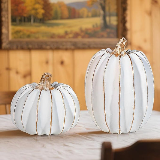2Pcs Halloween Pumpkin Artificial Resin Pumpkins Decor for Mantel Harvest Autumn Tabletop Decoration Gold Fall Pumpkin Decorations Thanksgiving Table Centerpieces (Set C, ONE Size)-CasaMuseHome