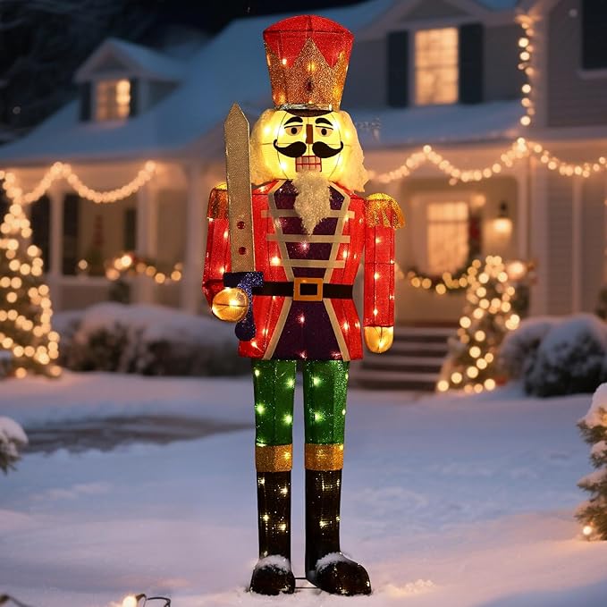 61Inch Nutcracker Christmas Decor Outdoor with LEDs 5 Feet Lighted Large Nutcracker Lighted Christmas Decorations Outdoor with Stakes & Zip Ties for Xmas Yard, Porch, Lawn-CasaMuseHome