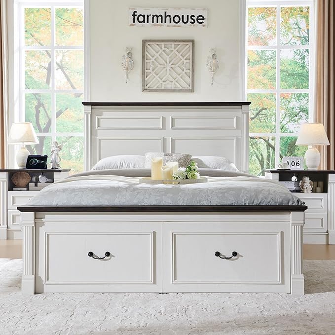 26" Tall Farmhouse Night stand Set of 2, 2 Drawers End Table w/Charging Station, 23.6" Wide Wood Side Table w/Roman Column, Large Rustic Sofa Table w/Open Shelf, Bedside Table for Bedroom, White-CasaMuseHome