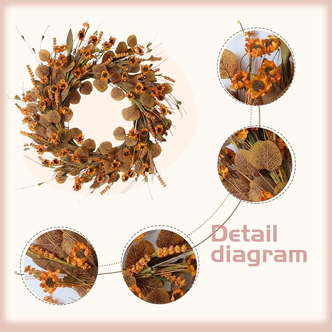22 Inch Fall Wreath for Front Door Artificial Autumn Wreath with Eucalyptus Leaves Wild Flowers Harvest for Festival Thanksgiving Halloween Farmhouse Wall Home Decor-CasaMuseHome