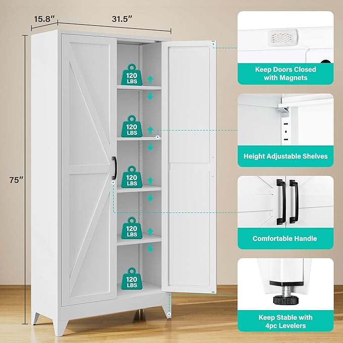 75" Tall Pantry Cabinet,Farmhouse Kitchen Pantry Storage Cabinets with 2 Doors and 5 Shelves,White Metal Storage Cabinet,Large Cupboard for Home,Kitchen,Dining/Living Room-CasaMuseHome