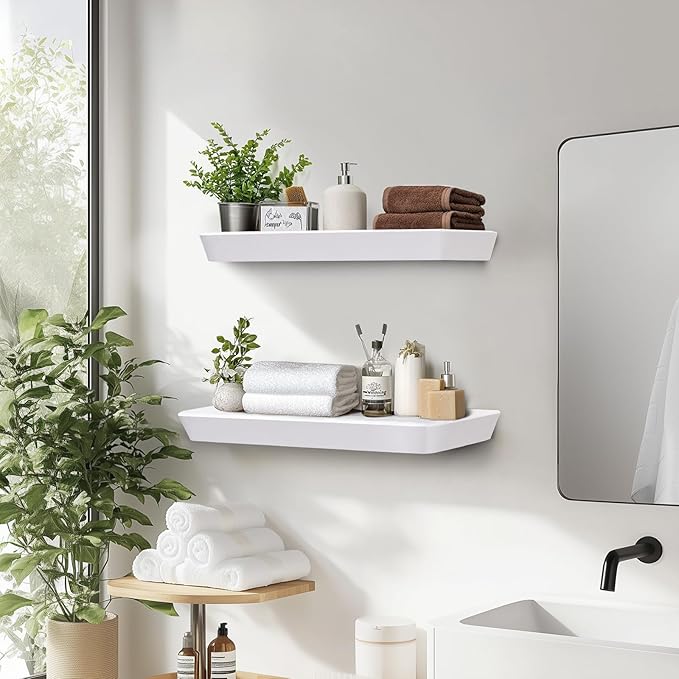 16"x6.8"x1.6" Slanted Floating Wall Shelves 2-Pack - Rustic White Finish, Heavy-Duty Solid Wood Design with Hidden Brackets - Perfect for Living Room, Kitchen, Bathroom, or Office-CasaMuseHome