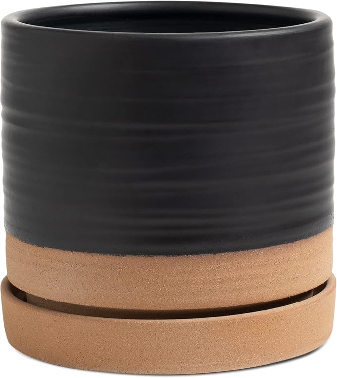 6 Inch Plant Pots, Ceramic Planter Pot with Drainage Hole & Saucer, Indoor/Outdoor Cylinder Round Planter Pot, Matte Black & Brown-CasaMuseHome