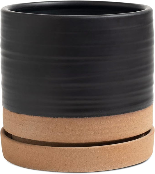 6 Inch Plant Pots, Ceramic Planter Pot with Drainage Hole & Saucer, Indoor/Outdoor Cylinder Round Planter Pot, Matte Black & Brown-CasaMuseHome