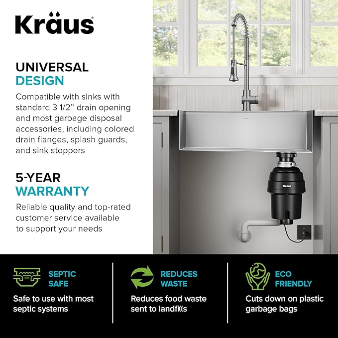 KRAUS WasteGuard 1 HP Ultra-Quiet Garbage Disposal with Quick Connect, Kitchen Sink Drain Cover, Power Cord and Flange Included, KWD100-100MBL