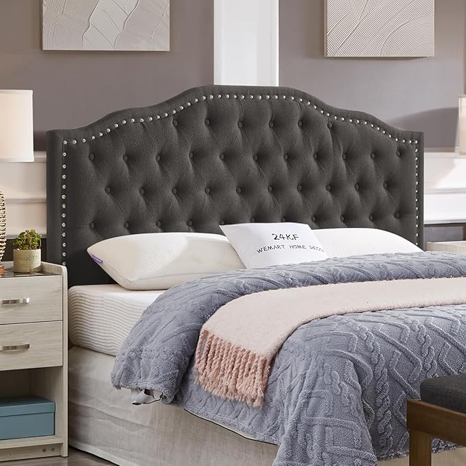 24KF Upholstered Button Tufted Queen Headboard with Nailhead Trim, Elegant Boucle Fabric Full headboard, 6031-Q-Boucle-Dark Gray-CasaMuseHome
