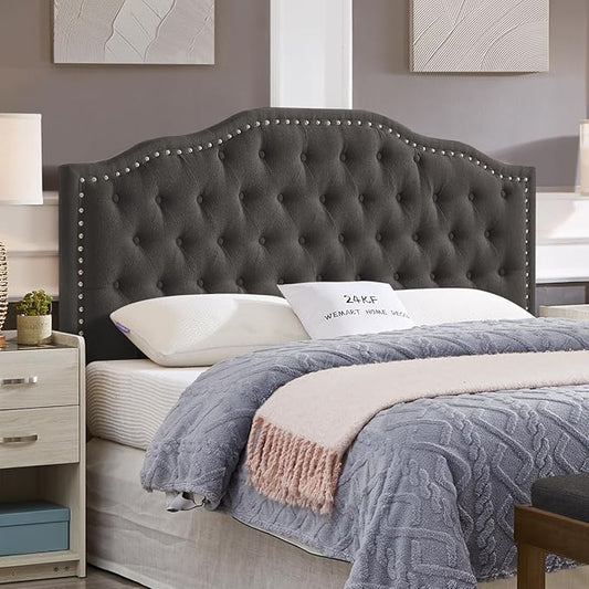 24KF Upholstered Button Tufted Queen Headboard with Nailhead Trim, Elegant Boucle Fabric Full headboard, 6031-Q-Boucle-Dark Gray-CasaMuseHome
