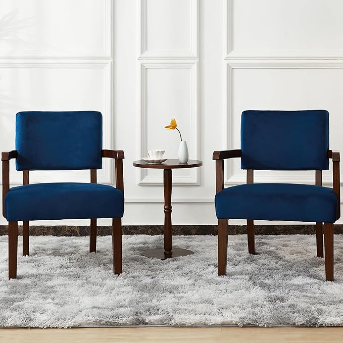 Accent Chair Set of 2 with Table, Living Room Chairs with Velvet Soft Seat & Armrests for Living Room Bedroom Reading Room Waiting Room (Velvet Navy)-CasaMuseHome