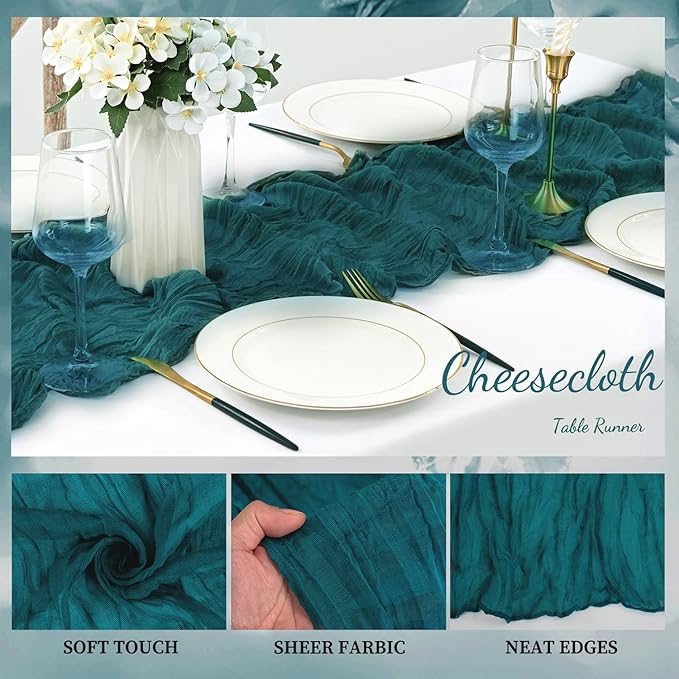 12 Pack Teal 10FT Cheesecloth Table Runner Rustic Gauze Cheese Cloth Table Runner for Wedding Bridal Baby Shower Table Decorations Boho Fabric Sheer Birthday Party Table Decor 20 x 120 Inch Long-CasaMuseHome