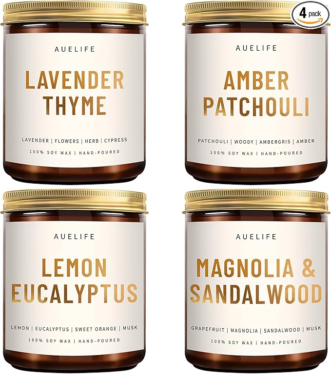 4 Pack Scented Candles Set | Scented Candles for Home, Candle Gifts for Women Men, Soy Candle for Home, Aromatherapy Gift of Amber Patchouli/Lemon Eucalyptus/Lavender/Sandalwood-CasaMuseHome