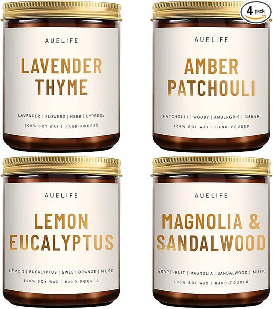 4 Pack Scented Candles Set | Scented Candles for Home, Candle Gifts for Women Men, Soy Candle for Home, Aromatherapy Gift of Amber Patchouli/Lemon Eucalyptus/Lavender/Sandalwood-CasaMuseHome