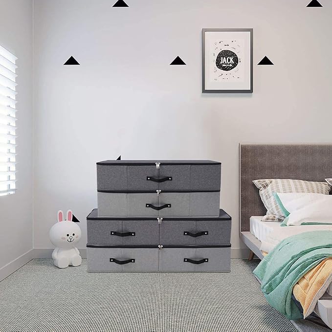 2PCS Foldable Under Bed Storage Box with Plastic Support Liner, Handles, Zipper lid, Blankets Clothes Comforters Storage Bin Organizer for Bedroom and Closet, 29×15×7inch, Black Grey-CasaMuseHome