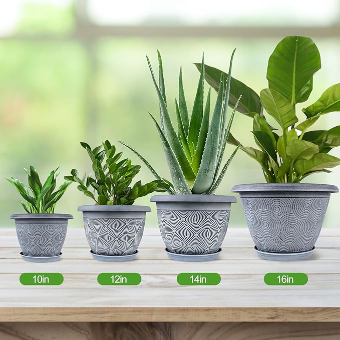 14 Inch Large Planter Pot for Plants Indoor Outdoor, 4 Pack Plastic Flower Pots with Drainage Hole & Tray, Modern Decorative Garden Pot with Saucer, Plant Container for House-CasaMuseHome