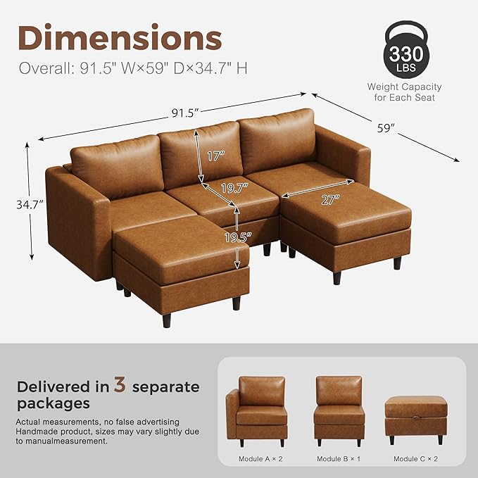 91.5" Faux Leather U Shaped Modular Sectional Sofa, 5 Seater Couch with Movable Ottoman Deep Seat and Storage Seat with Removable Cover for Living Room, Apartment - Brown-CasaMuseHome
