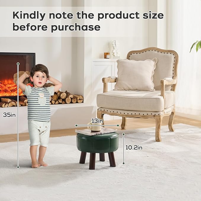 13in Small Foot Stool Ottoman, Round Faux Leather Foot Rest for Couch, Under Desk Pouf Footstool Footrest with Non-Skid Rubber Legs for Ling Room, Bedroom, 13''L x 13''W x 10.2''H, Green-CasaMuseHome