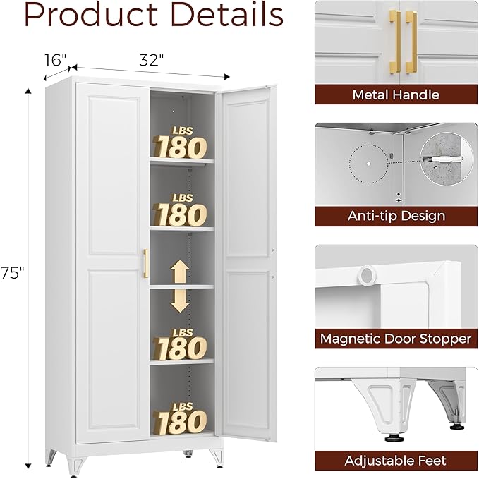 75" Kitchen Pantry Cabinet, White Metal Storage Cabinets with 2 Doors and 4 Adjustable Shelves, Tall Pantry Storage Cabinet for Kitchen, Dining Room, Living Room-CasaMuseHome