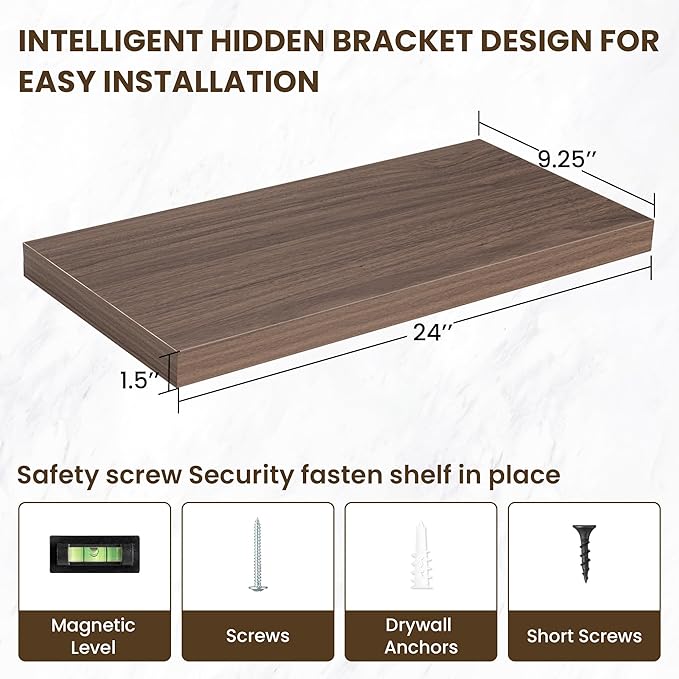 24 Inch Floating Shelves, 24"x9.25"x1.5" Inch Deep Floating Shelves for Wall, Wooden Shelves for Bathroom, Bedroom, Living Room, Walnut-CasaMuseHome