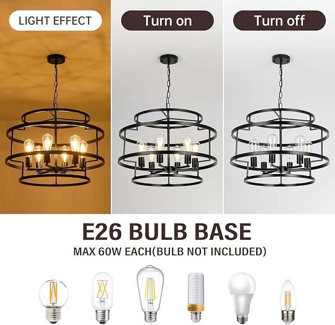 24" Black Chandelier, 6-Light Farmhouse Pendant Light Fixture with Geometric Metal Frame, Modern Industrial Ceiling Hanging Light for Dining Room, Living Room, Bedroom, Kitchen Island, Hallway, Foyer-CasaMuseHome