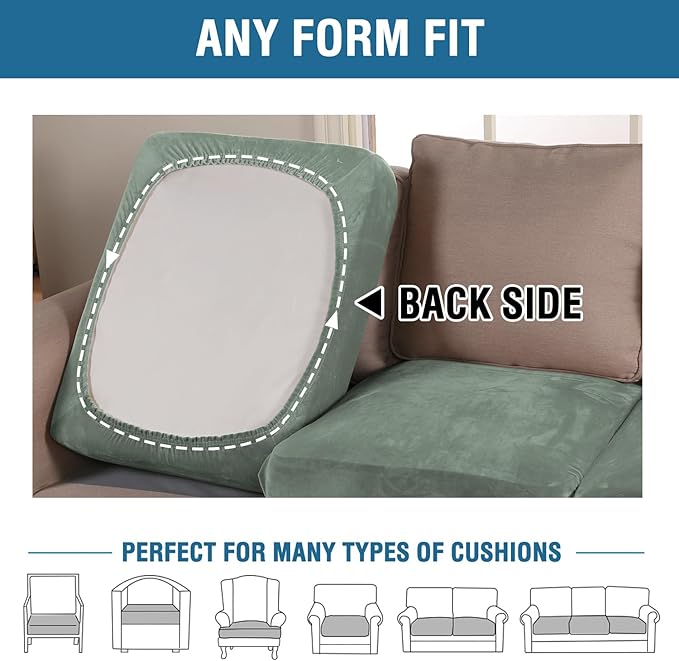 H.VERSAILTEX Velvet Stretch Couch Cushion Cover Plush Cushion Slipcover for Chair Cushion Furniture Protector Seat Cushion Sofa Cover (1 Piece Armchair Cushion Covers, Sea Grass)-CasaMuseHome