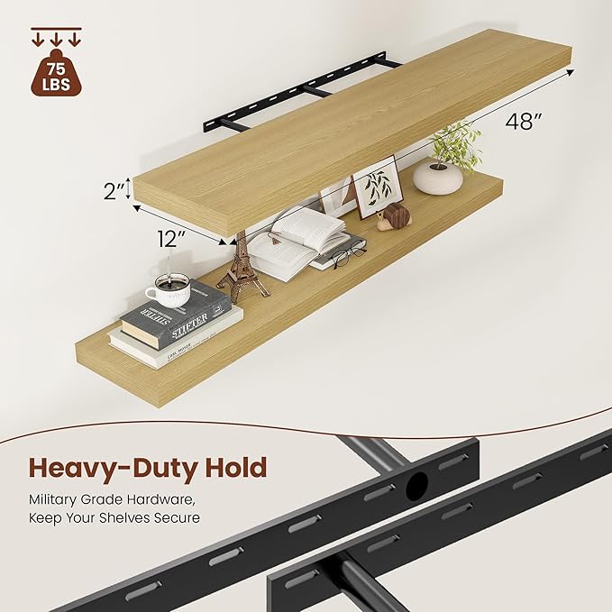 12 Inch Deep Floating Shelves 48 inch Long, 48 x 12 Wide Wall Shelves with Invisible Brackets, Heavy Duty Shelf for Bedroom Bathroom Living Room Kitchen Office Home Decor, Modern Shelf Set of 2, Oak-CasaMuseHome