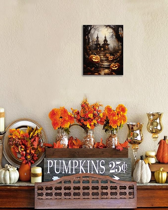 AbcCustomize Halloween Canvas Wall Art - Spooky Haunted House & Eerie Pumpkins Poster, Gothic Fall Decorations for Home, Vintage Halloween Decor Indoor for Living Room, Bedroom & Party-CasaMuseHome