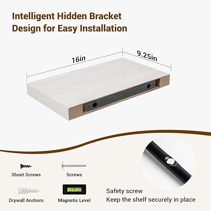 16 Inch Floating Shelves, 16"x9.25"x1.5" Inch Deep Floating Shelves for Wall, Wooden Shelves for Bathroom, Bedroom, Living Room, Cream White Oak-CasaMuseHome