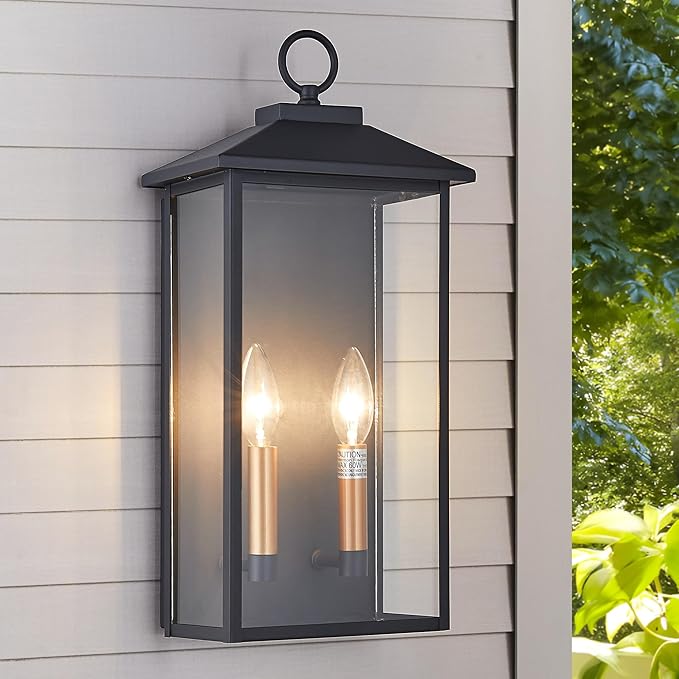 18 Inch Wall Light in Clear Glass and Textured Black and Golden Candle Cap Sleeve,Outdoor Lighting Wall Sconce,2-Light 120watts for House Doorway Garage,Bulb Not Included.-CasaMuseHome