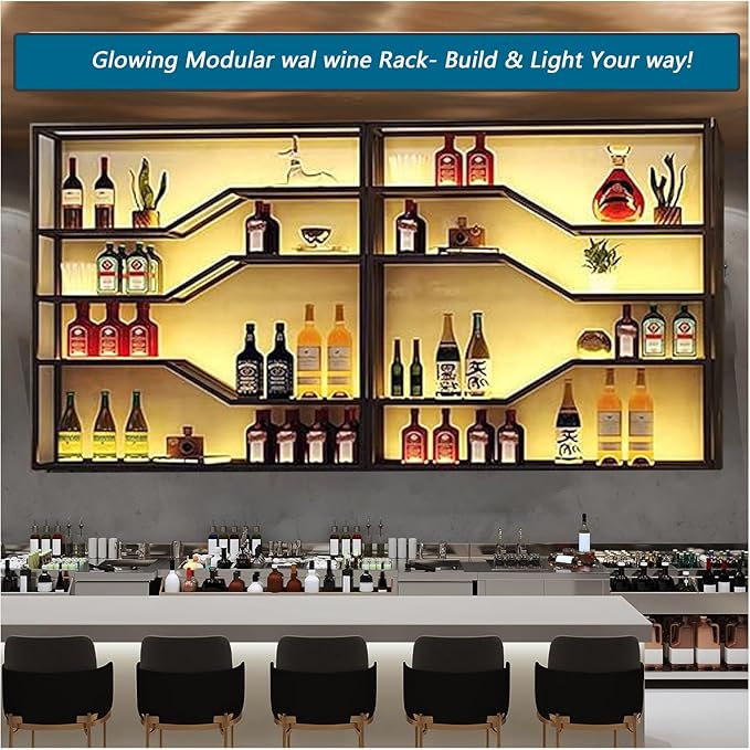 78.8in Wall Mounted Wine Rack with LED Light, 5-Tiers Liquor Bottles Display Shelf with Glasses Holder, Metal Home Bar Shelves with Industrial Iron Frame for Kitchen(Black, 78.8in/6.56ft)-CasaMuseHome