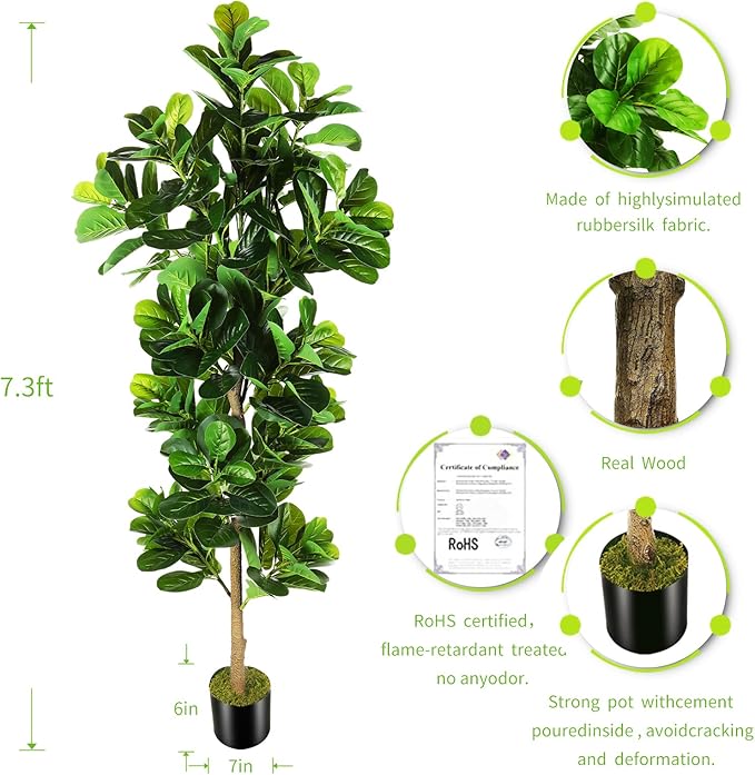 7.3ft Artificial Fiddle Leaf Fig Tree (87in) with Plastic Nursery Pot Faux Tree, Ficus Lyrata Fake Plant for Office House Farmhouse Living Room Home Decor (Indoor/Outdoor)-CasaMuseHome