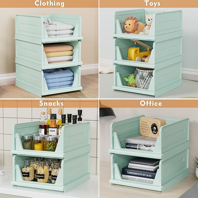 6 Pack Stackable Closet Storage Basket - Stackable Storage Bins, Multifunctional & Foldable Closet Organizer, Wardrobe Cupboard Space-Saving Hat Storage Drawer Organizer, Green-CasaMuseHome