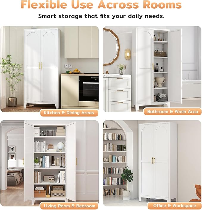 70.87" H Metal Kitchen Pantry Cabinet, Freestanding Cupboard with 2 Doors and 4 Adjustable Shelves, Tall Metal Storage Cabinet for Kitchen, Bathroom, Dinning Room or Laundry Room （White）-CasaMuseHome