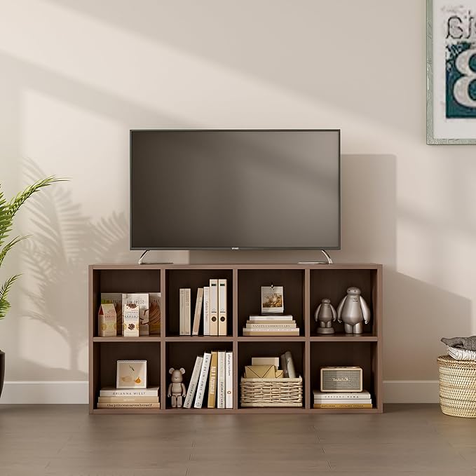 8-Cube Storage Shelf Bookcase - Wooden 4-Tier Floor Standing Open Bookshelf for Home and Office, Cuby Orgainzer, Walnut-CasaMuseHome