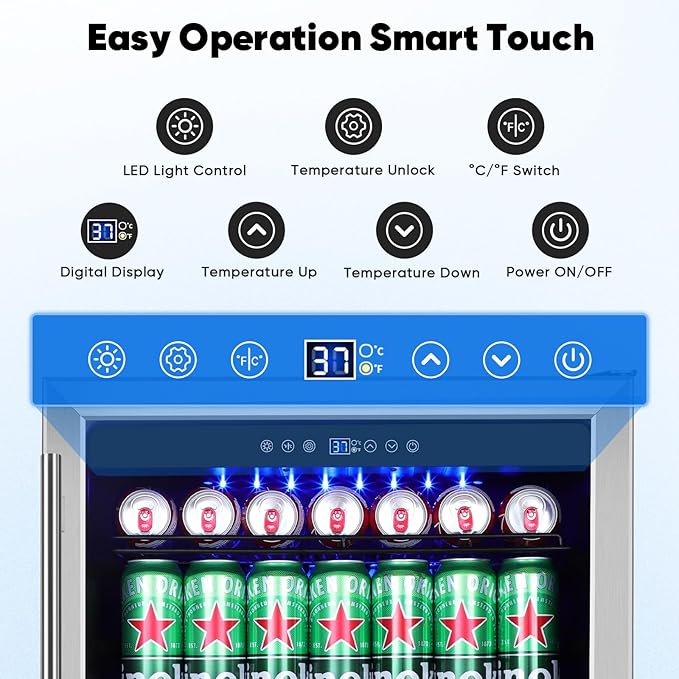 24" Beverage Refrigerator & Cooler, 180 Cans Under Counter Fridge with Lock, Glass Door & Powerful Cooling Compressor - Quiet, Built-in/Freestanding Drink Fridge-CasaMuseHome