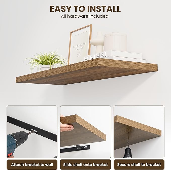 30" Floating Shelves for Wall, 12" Deep Slim Walnut Floating Shelves, Wall-Mounted Shelves for Bedroom, Living Room, Kitchen, Bathroom - Set of 2-CasaMuseHome